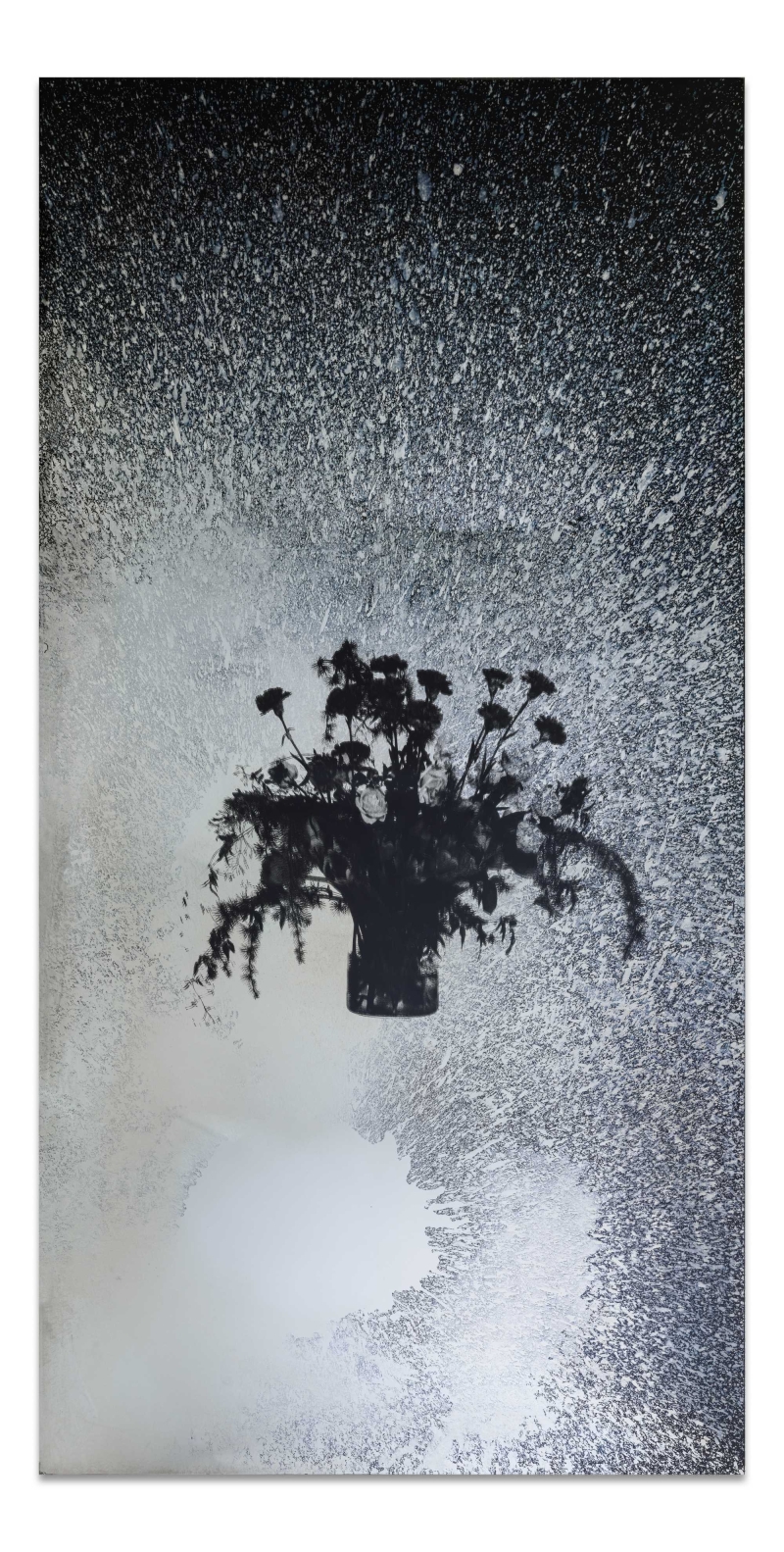 Auf dem Bild sehen wir einen Spiegel mit einem Blumenstrauß in der Mitte.
Die Ränder sind dunkel und gesprenkelt, wie bei einem alten Foto oder Film.
Das Kunstwerk ist von Andreas Duscha.
Er hat den Spiegel selbst hergestellt, nach einem alten Rezept aus dem 17. Jahrhundert.
In der Mitte sieht man ein Blumenarrangement – es ist ein Siebdruck auf der Spiegelfläche.
Die Blumen auf dem Spiegel haben eine tiefere Bedeutung:
Dieser Blumenstrauß beschäftigt sich mit der Verbreitung invasiver Blumenarten aus Nordamerika oder Asien, die in Europa eingeschleppt, heimische Arten verdrängen wie die kanadische Goldrute.
Duscha interessiert sich für versteckte Geschichten und Zusammenhänge.
Er nutzt alte Techniken und besondere Materialien,
um Themen wie Macht, Wandel und Geschichte auf eine leise, poetische Weise sichtbar zu machen.
Dieses Kunstwerk gehört zu einer Serie von vier Spiegeln,
die im Vorraum der Toiletten des Museums der Heidi Horten Collection hängen.
Jeder Spiegel erzählt eine eigene Geschichte – durch Pflanzen und Symbole.